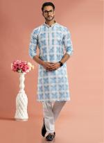 Art Cotton Silk Blue Traditional Wear Thread Work Kurta Pajama